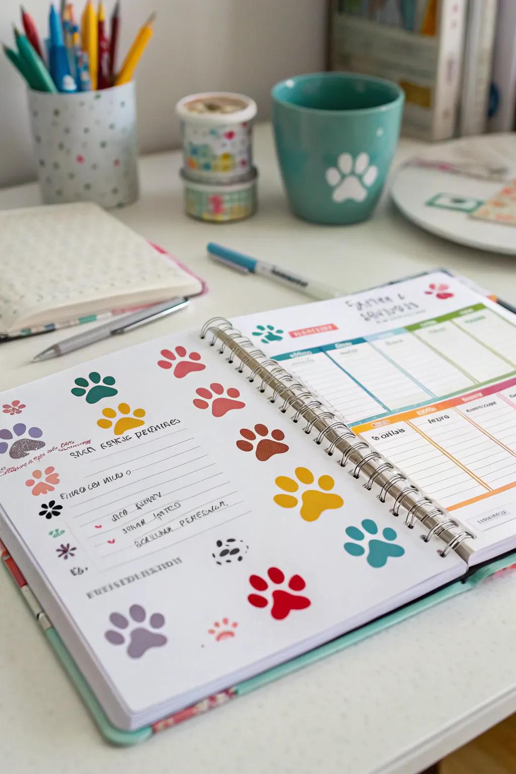 Vibrant paw print stickers injecting fun into everyday planning.