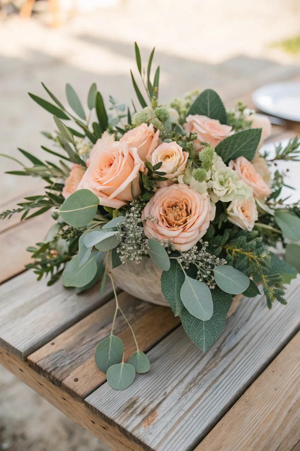 Nature-inspired apricot and sage centerpiece for an enduring appearance.