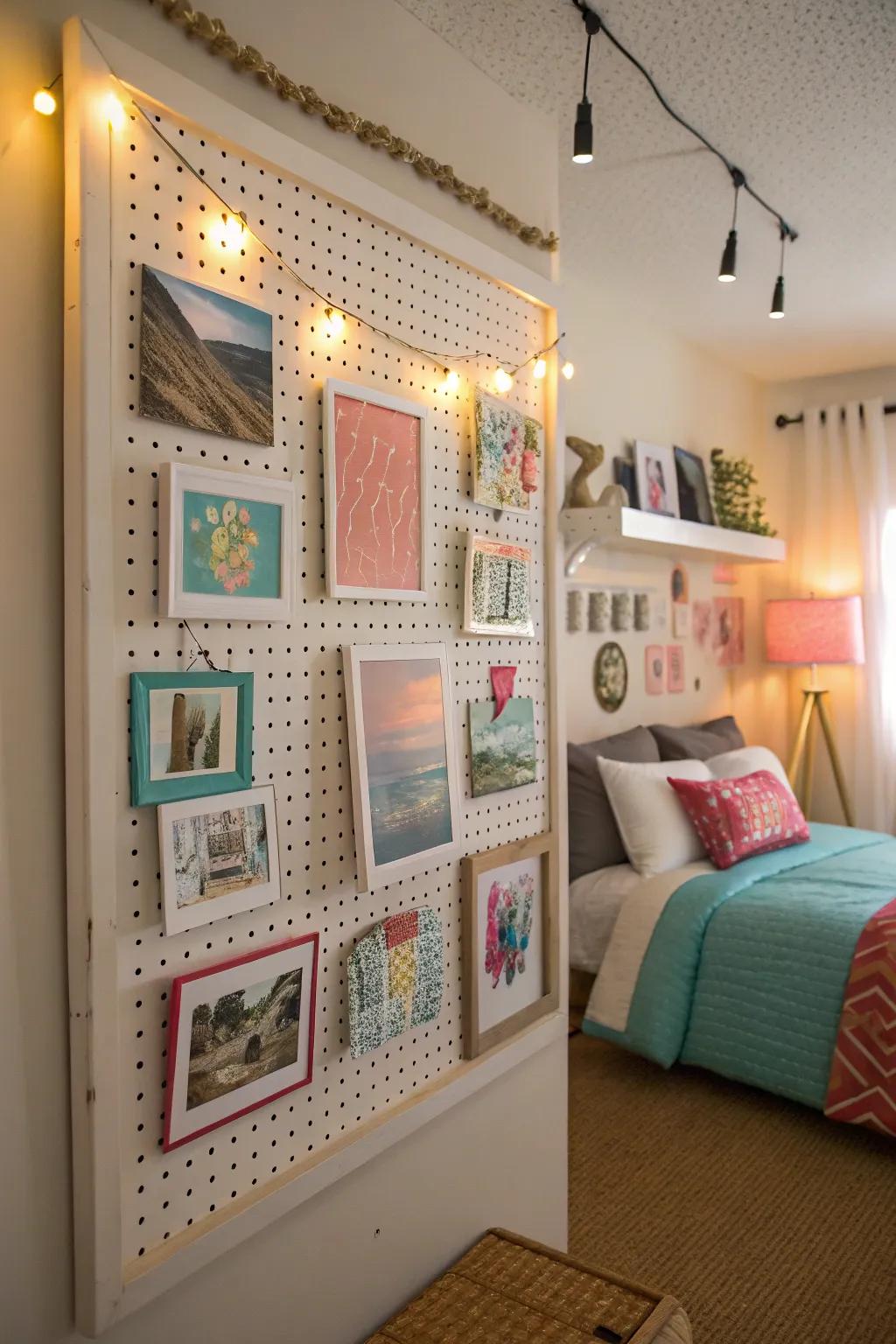 Personalize your space with a pegboard art gallery.