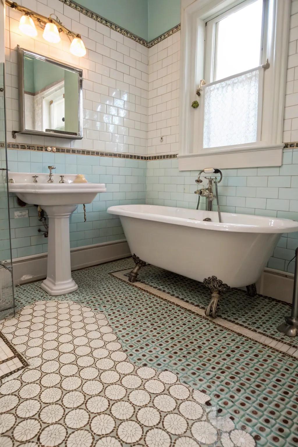 Vintage sensations with penny rounds in a vintage-inspired bathing room.