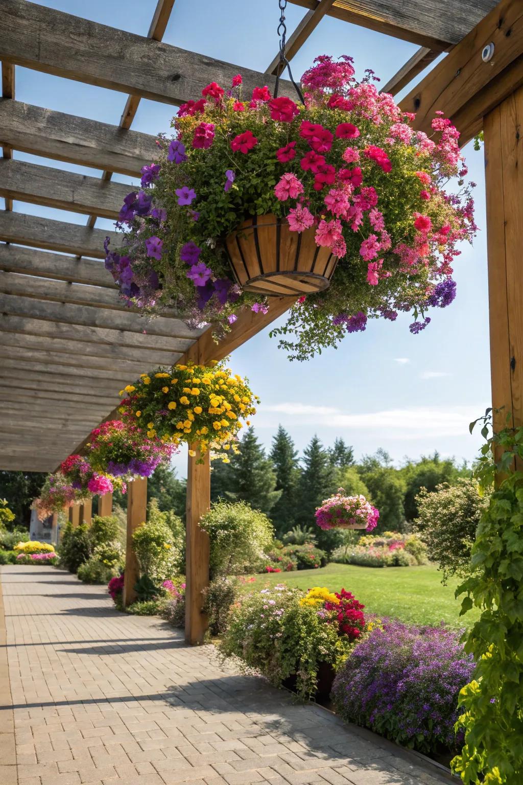 Hanging vegetation holders give a floating garden impression beneath the pergola.