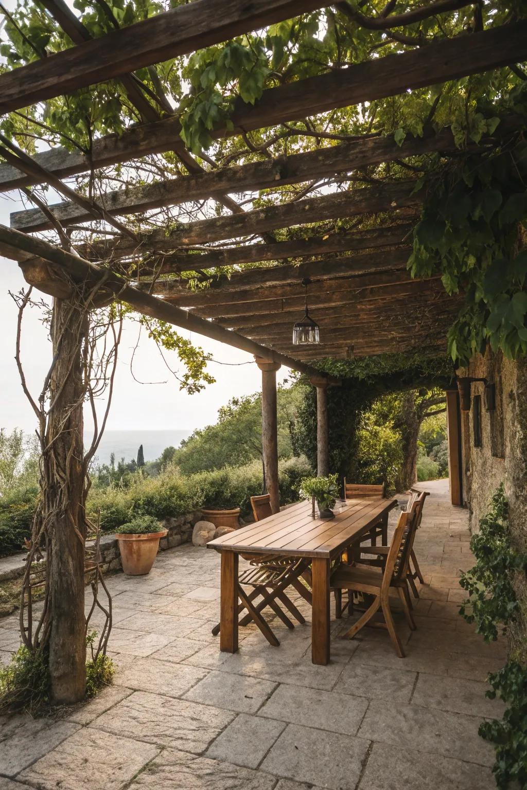 Wooden attributes contribute a nuance of rustic charm to your pergola.