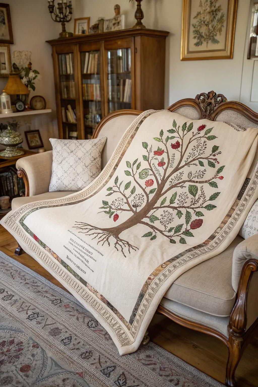 A throw featuring an intricate lineage design, ideal for honoring your ancestry.
