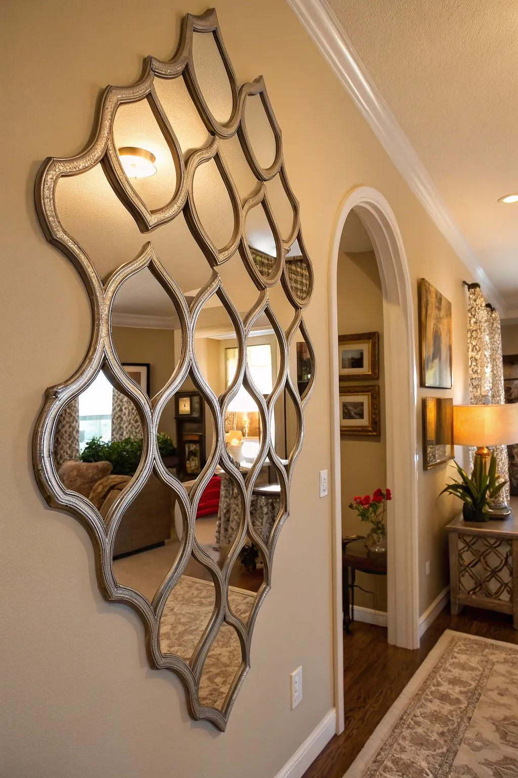 A backdrop featuring assorted looking glasses, bestowing scale and luminosity to the overall décor.