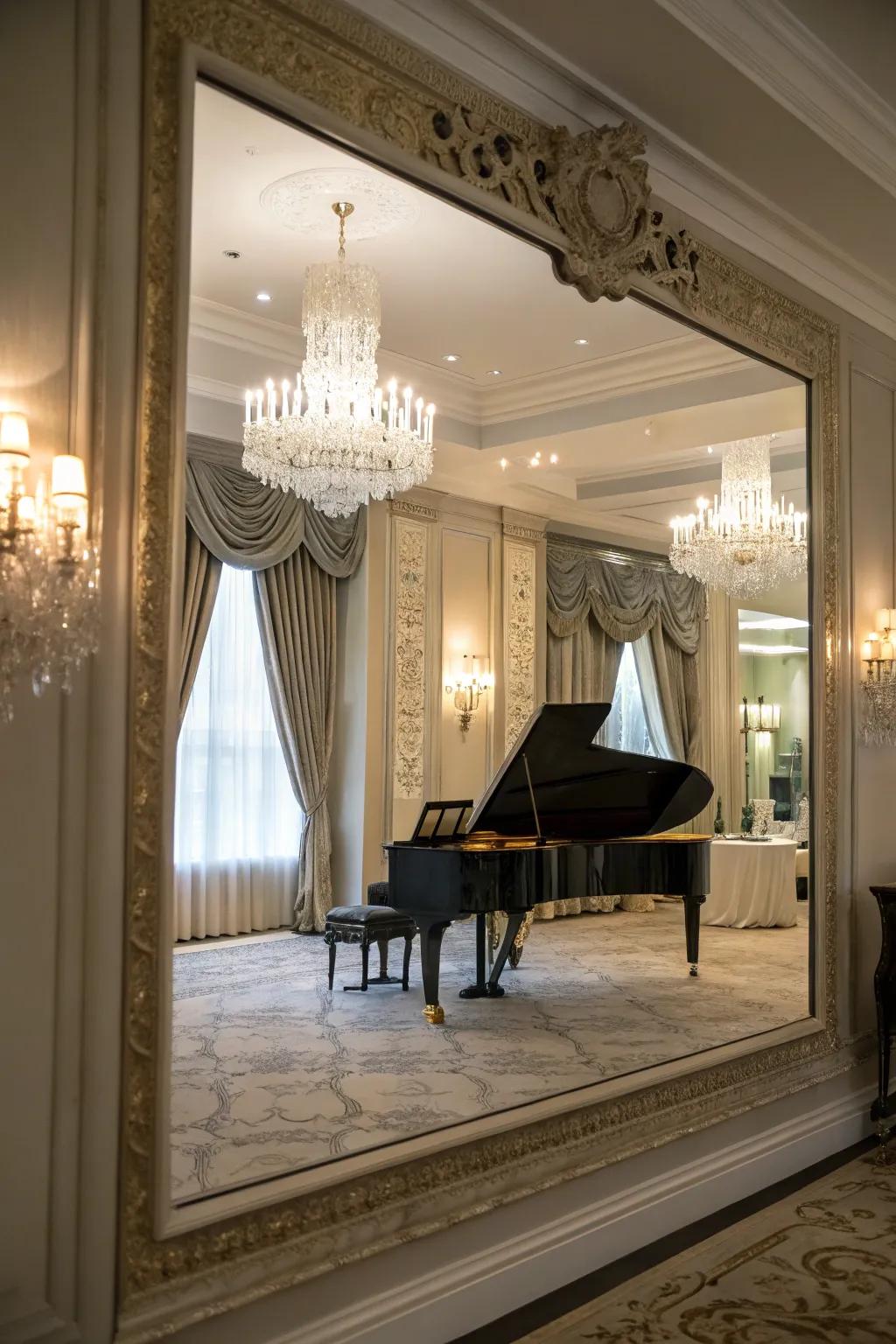 A reflective surface enhances spaciousness and grace in the piano space.