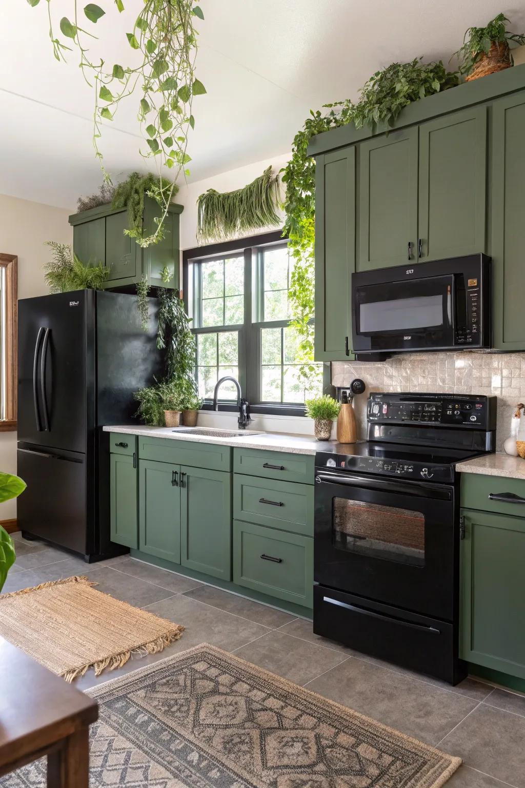 Verdant shades and dark metals create a soothing and stylish kitchen.
