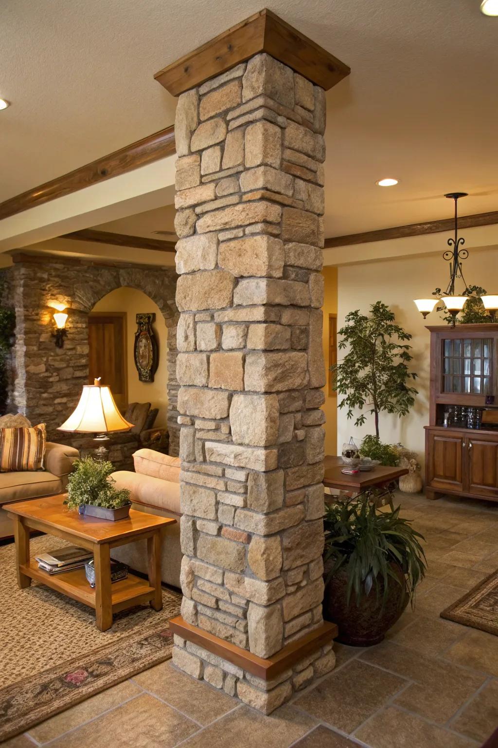 Stone facing infuses enduring country style appeal into pillars.