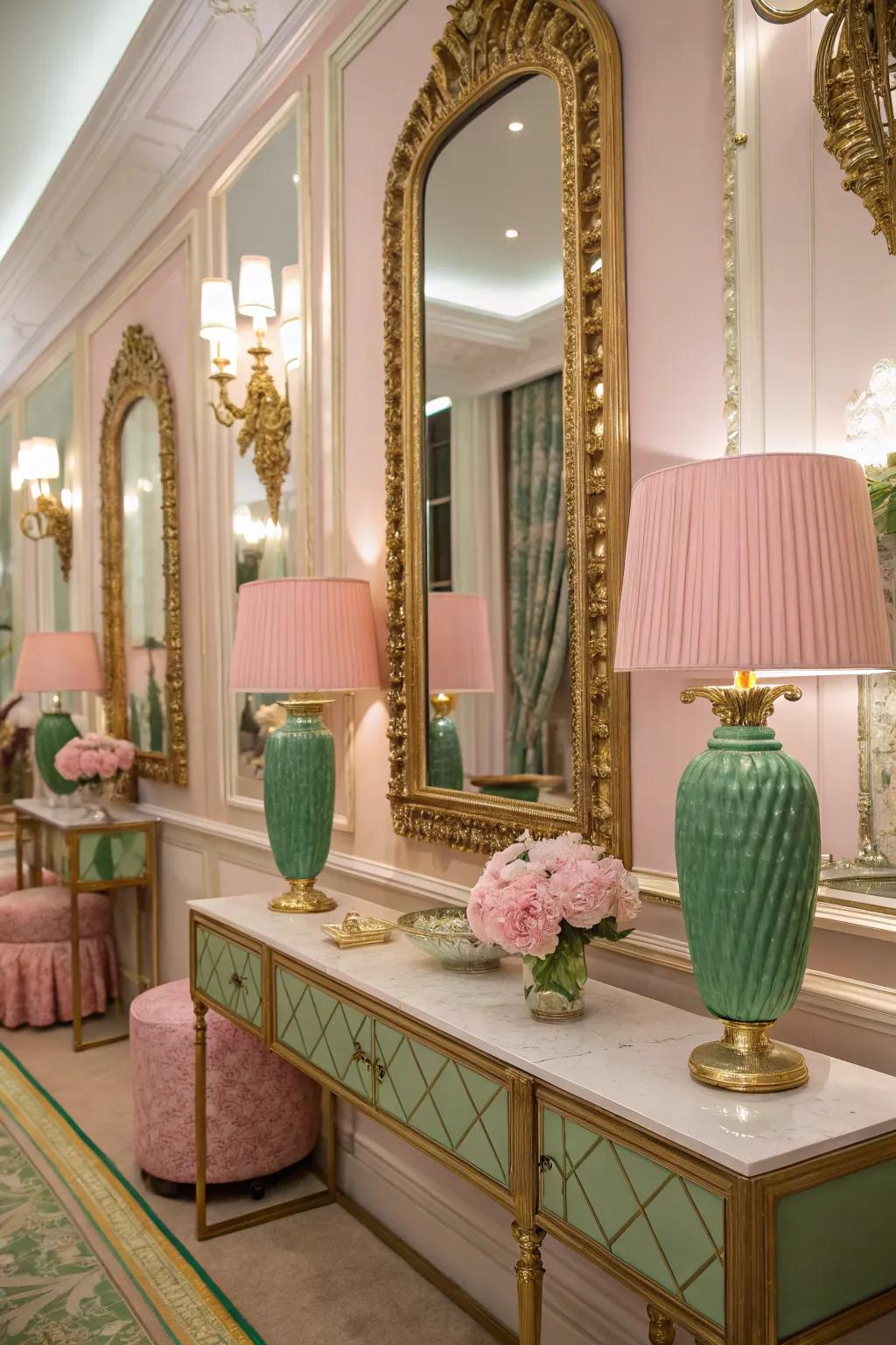 Gold accents enhance the opulent feel of pink and green decor.