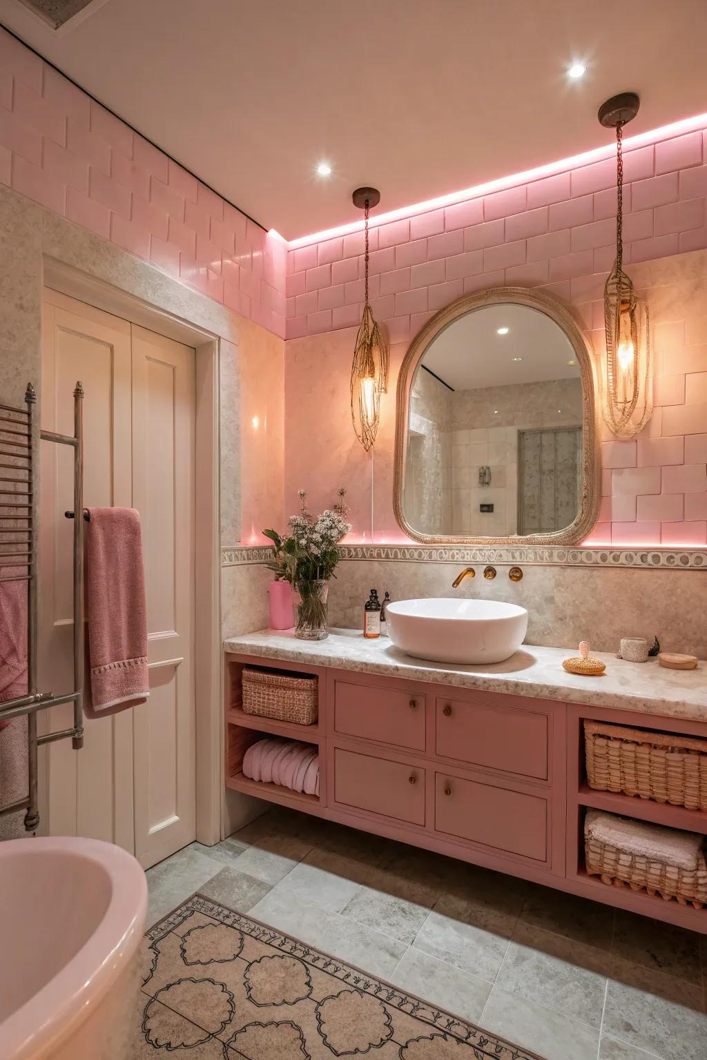 Gentle rose lighting contributes warmth to the bathroom.