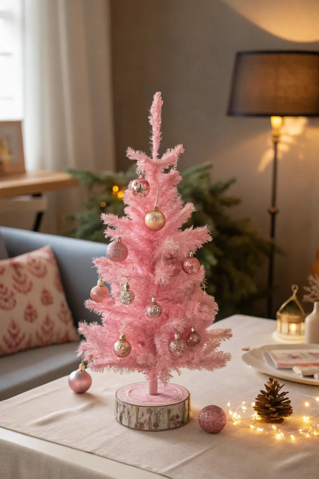 A diminutive rosy tree provides substantial style in a compact scale.