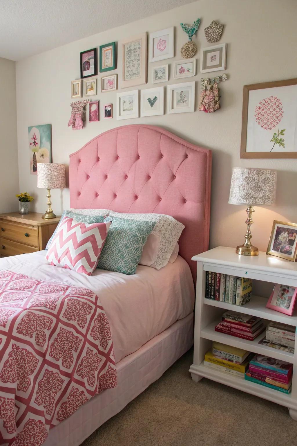 A customized and charming sleeping space with a DIY rosy padded panel headboard.
