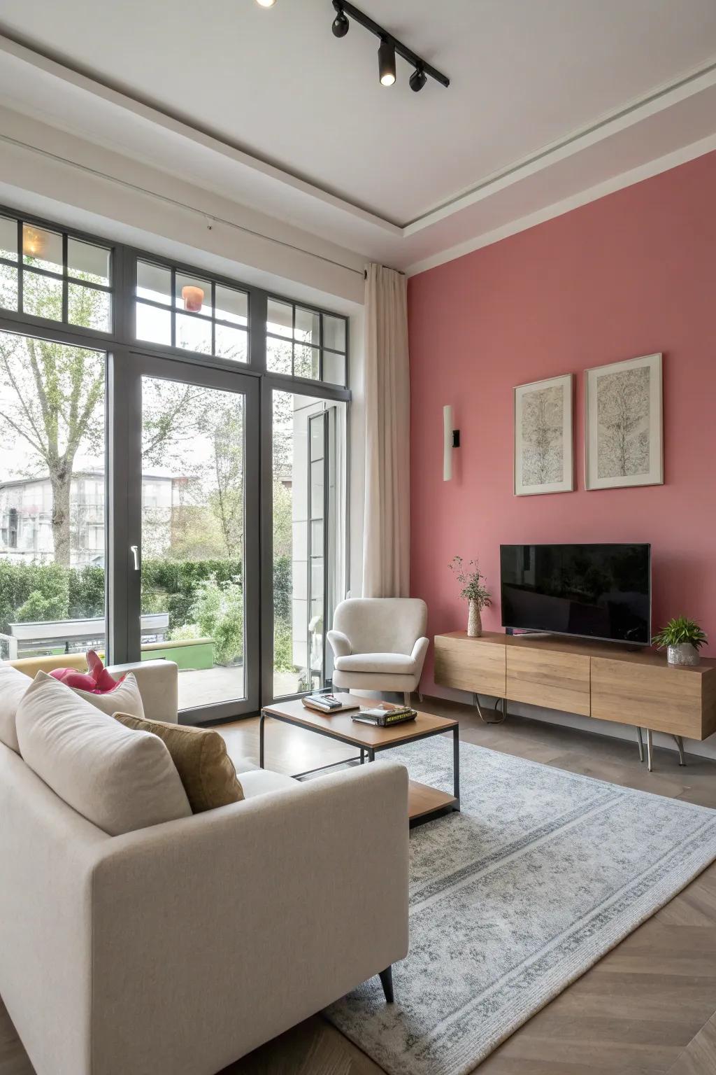 A rose highlight wall delivers a strategic focal attraction.