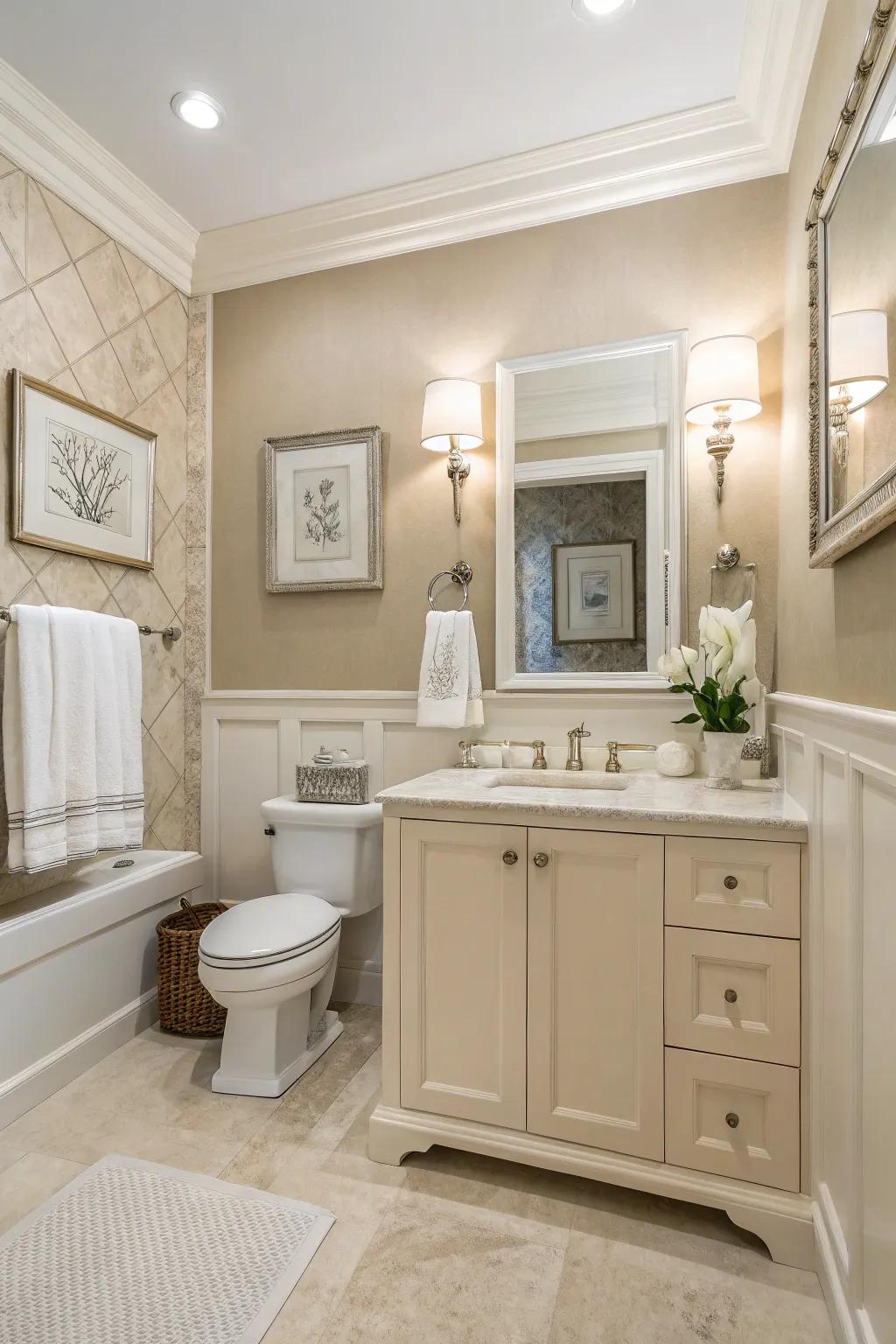Neutral palettes establish a soothing and adaptable aesthetic in bathrooms.