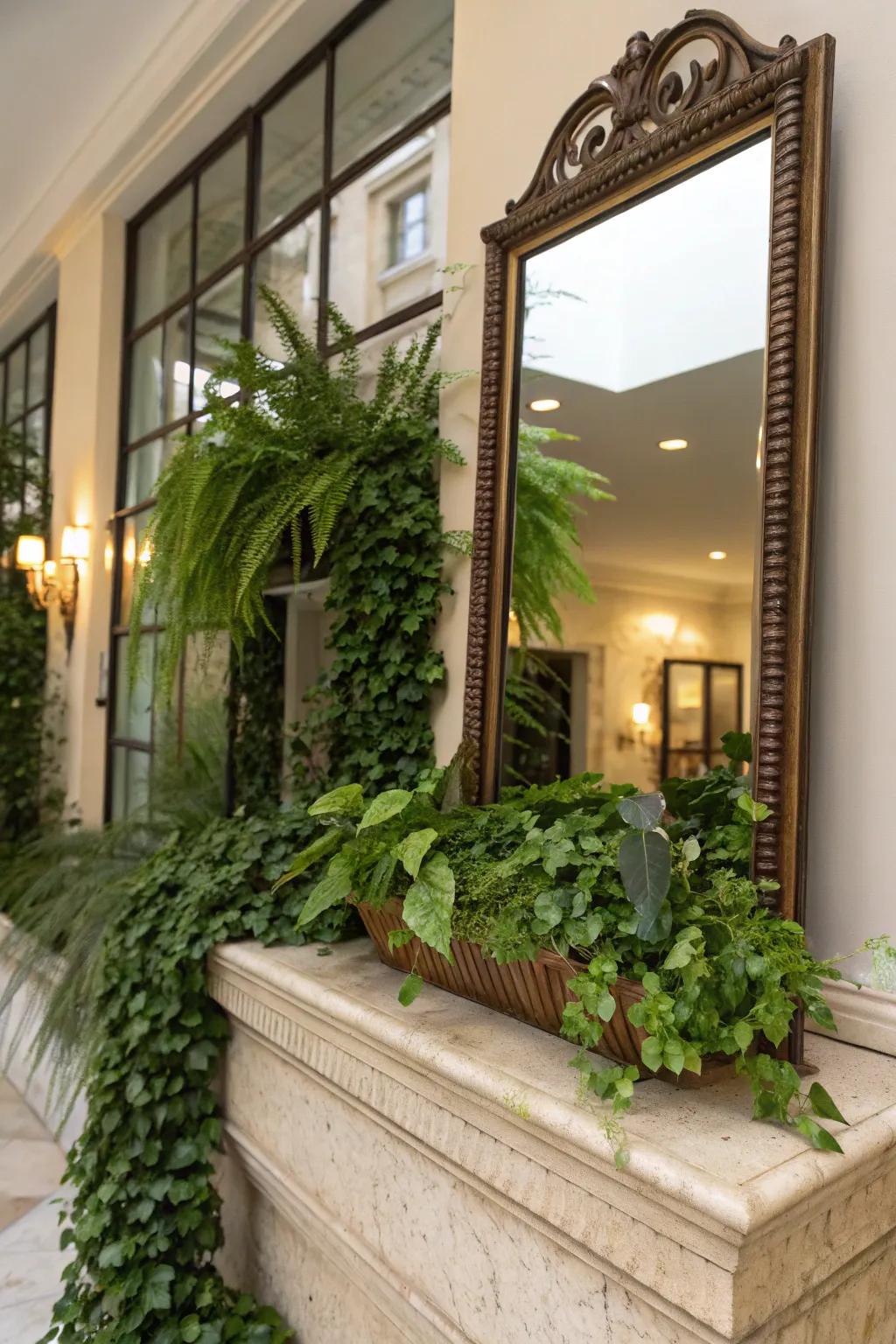 A looking-glass abaft the plant ledge engenders a perception of expanse and light.