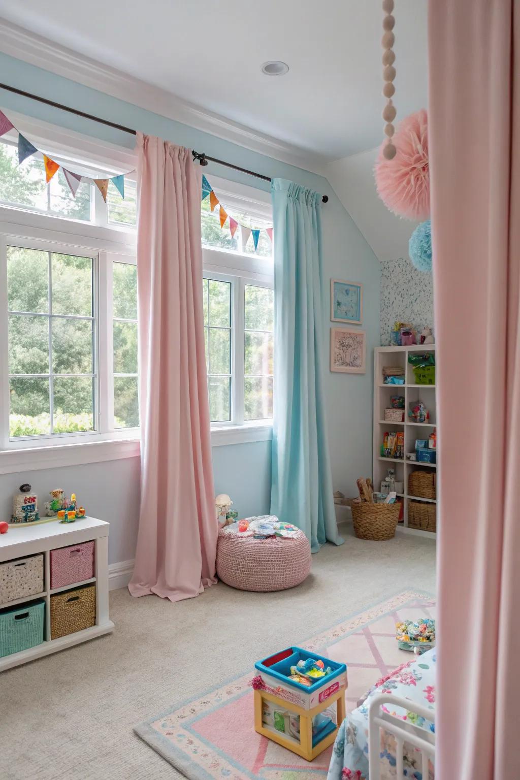 Pastel curtains foster a soothing atmosphere in the playroom.