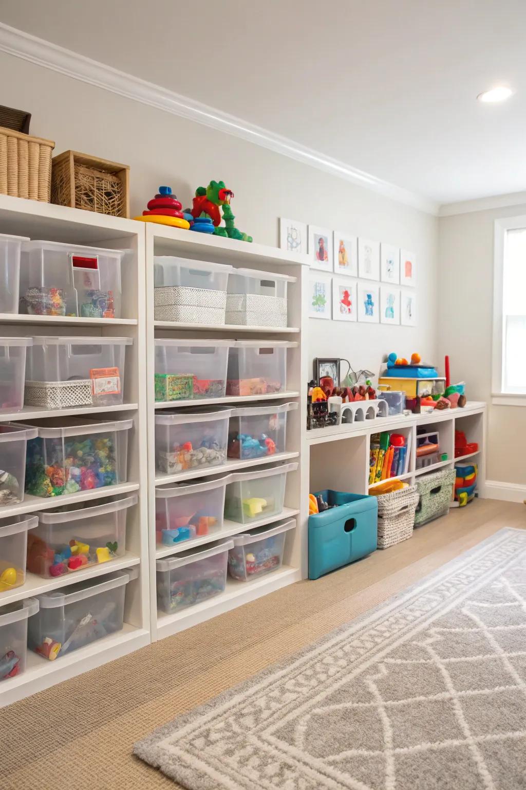 Clear storage solutions simplify organization and access.