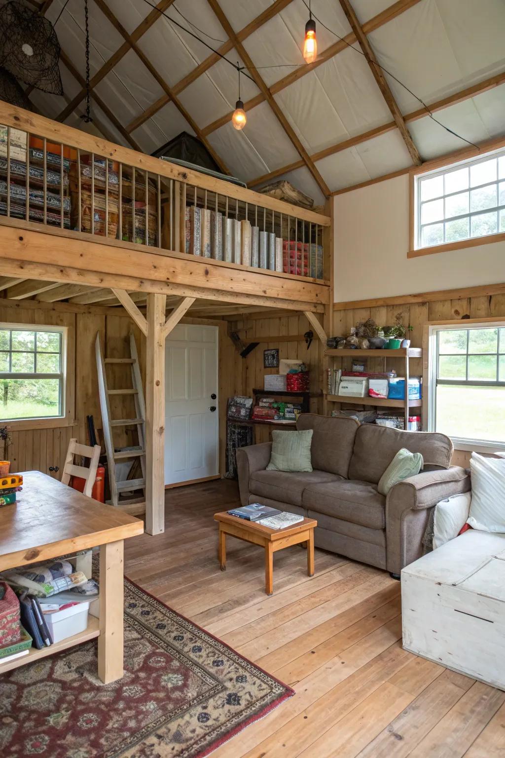 A top-level space inside a pole barn, designed for both storage and relaxation.