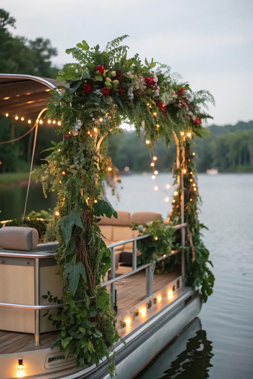 An enchanted woods-themed pontoon boat showcasing rich foliage and shimmering lights.