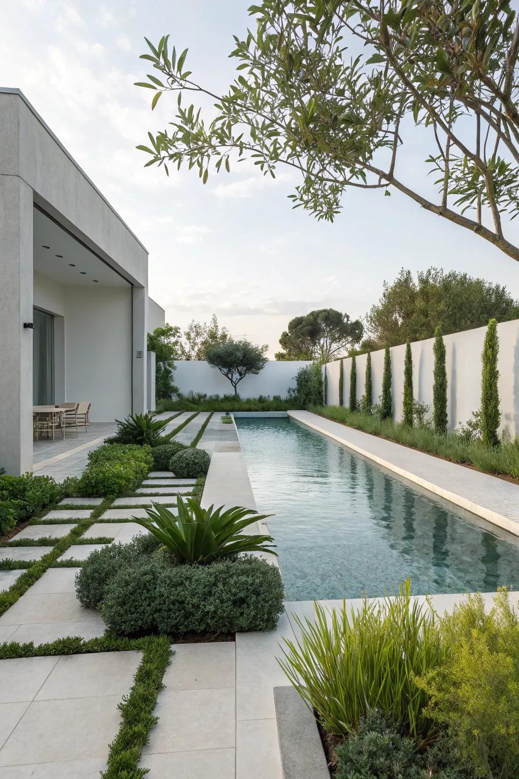 Minimalist landscaping enhances the contemporary aesthetic of pool designs.