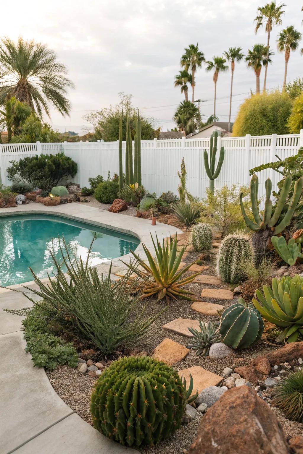 Craft a unique desert ambiance with low-upkeep fleshy plants around your pool.