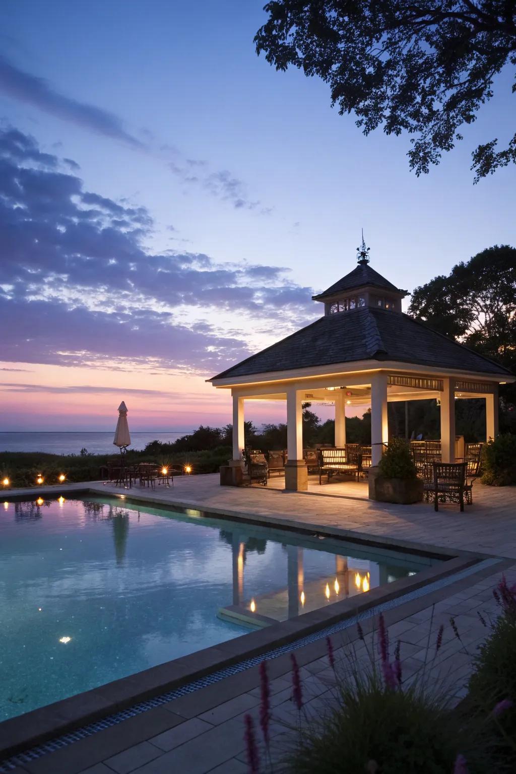 Creative illumination accents can turn your pool shelter into a bewitching nighttime retreat.