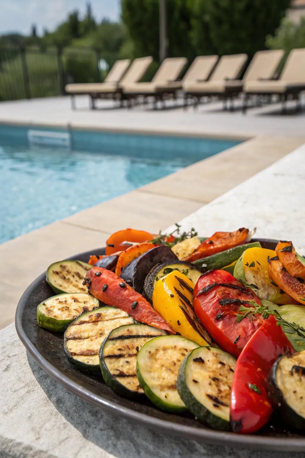 Delight in a vibrant platter of herb-marinated grilled vegetables.