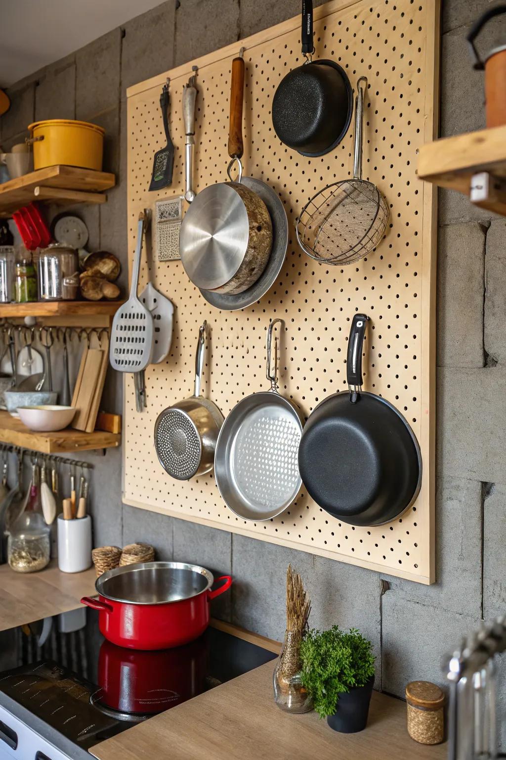 A pegboard brings versatility and style to how you store your pots and pans.