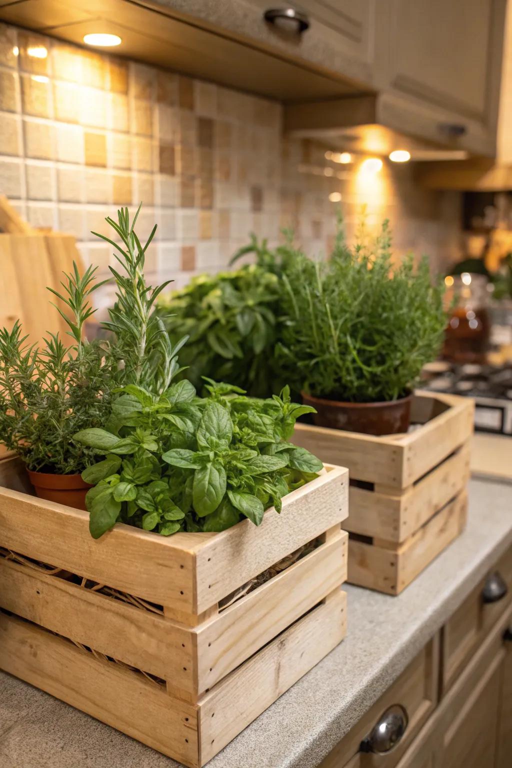 Timber crates, brimming with culinary herbs, infusing the space with rustic charm and aromatic delights.