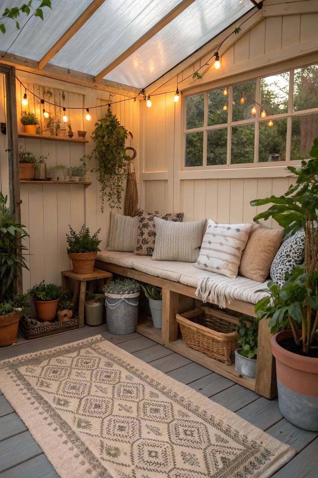 A potting shed showcasing comfortable relaxation elements.