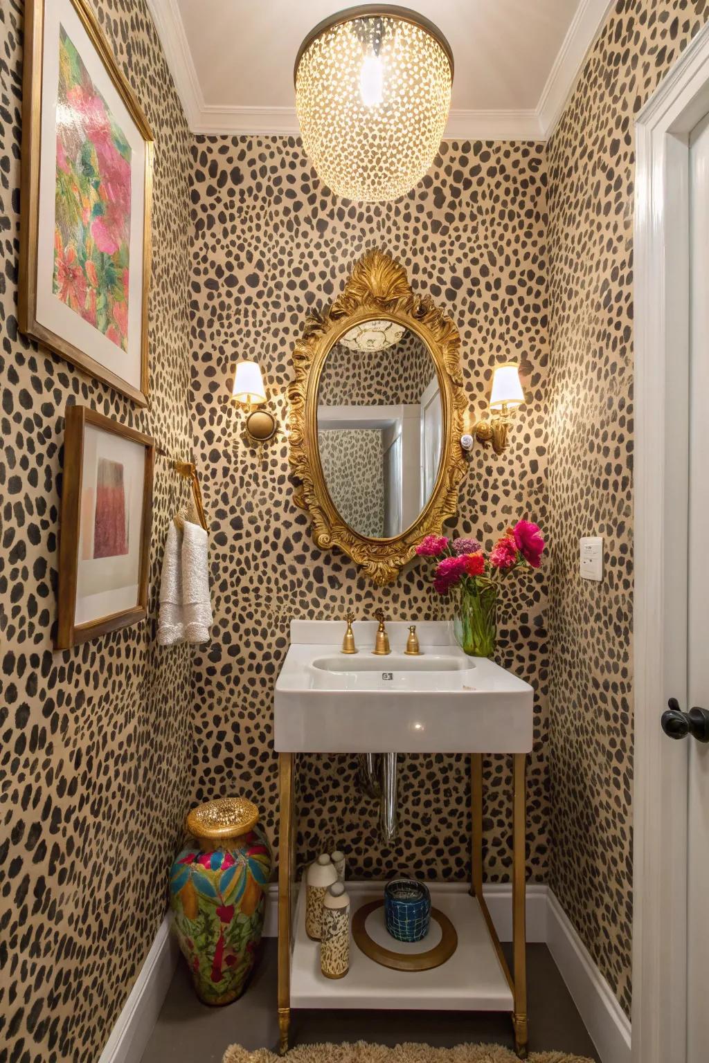 Creature prints contribute a playful, unforgettable twist to your guest bath.