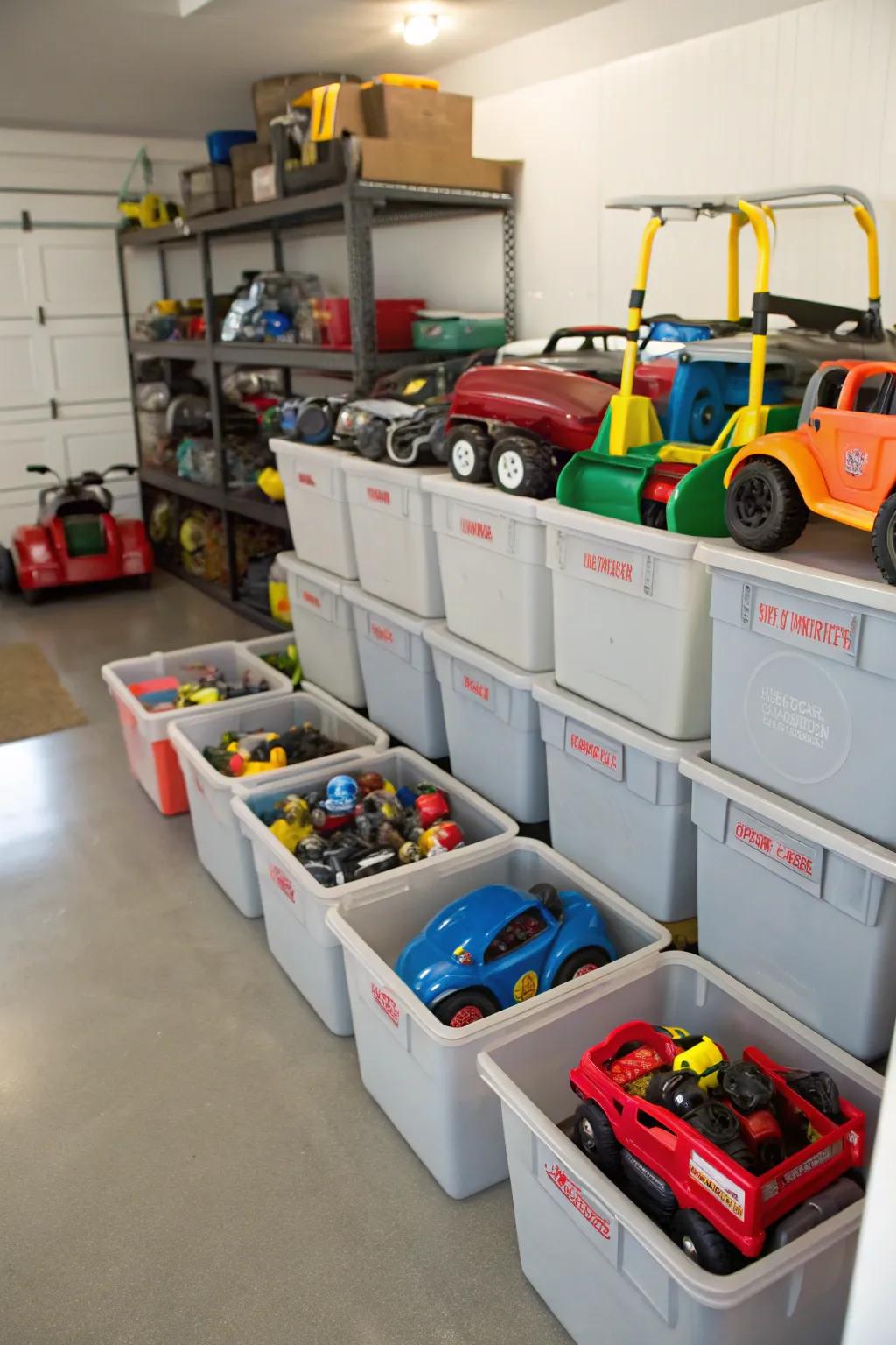 Movable storage boxes for organizing smaller electric ride-ons.