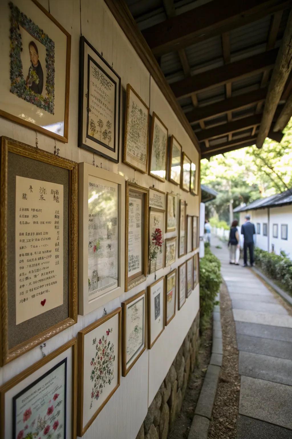 A prayer wall featuring framed scriptures and meaningful artwork.