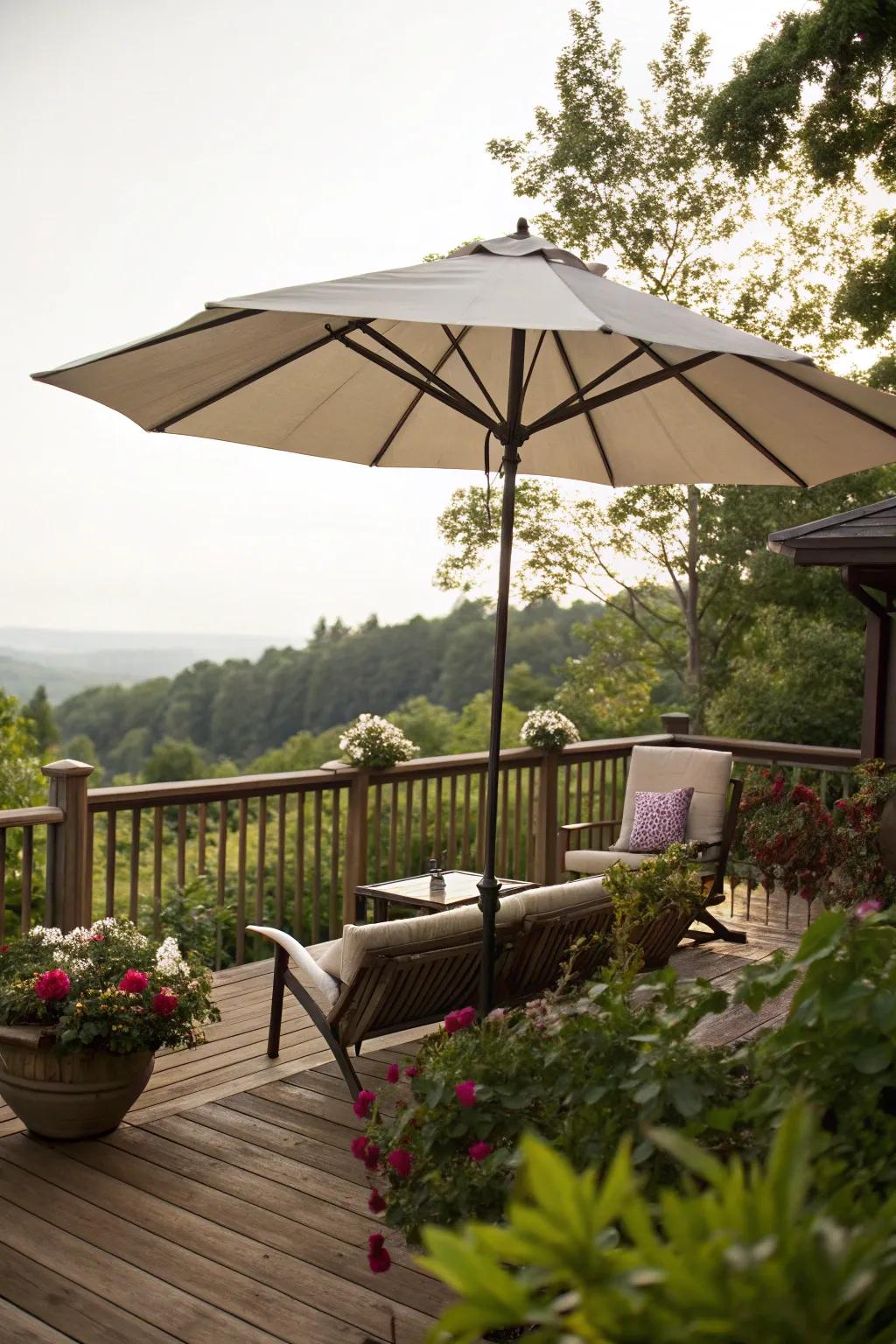A sizable parasol provides modifiable shade and seclusion on a deck.