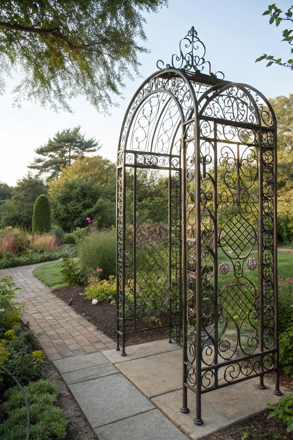 Amplify refinement and privacy using a decorative wrought metal trellis.