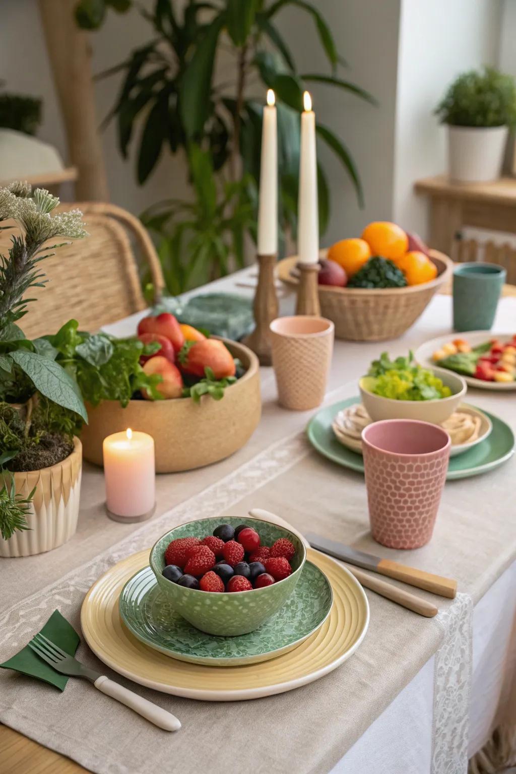 A dining table showcasing organic dishes and eco-friendly décor, emphasizing reusable tableware.