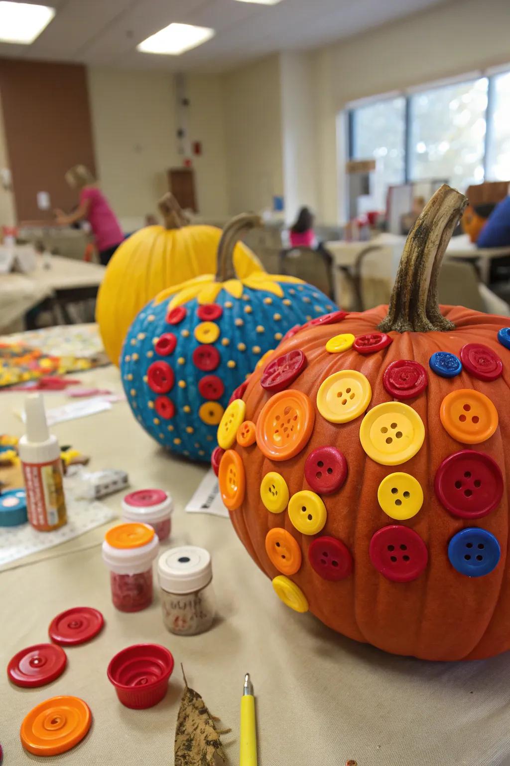 Pumpkins radiating joy, adorned with a rainbow of buttons.
