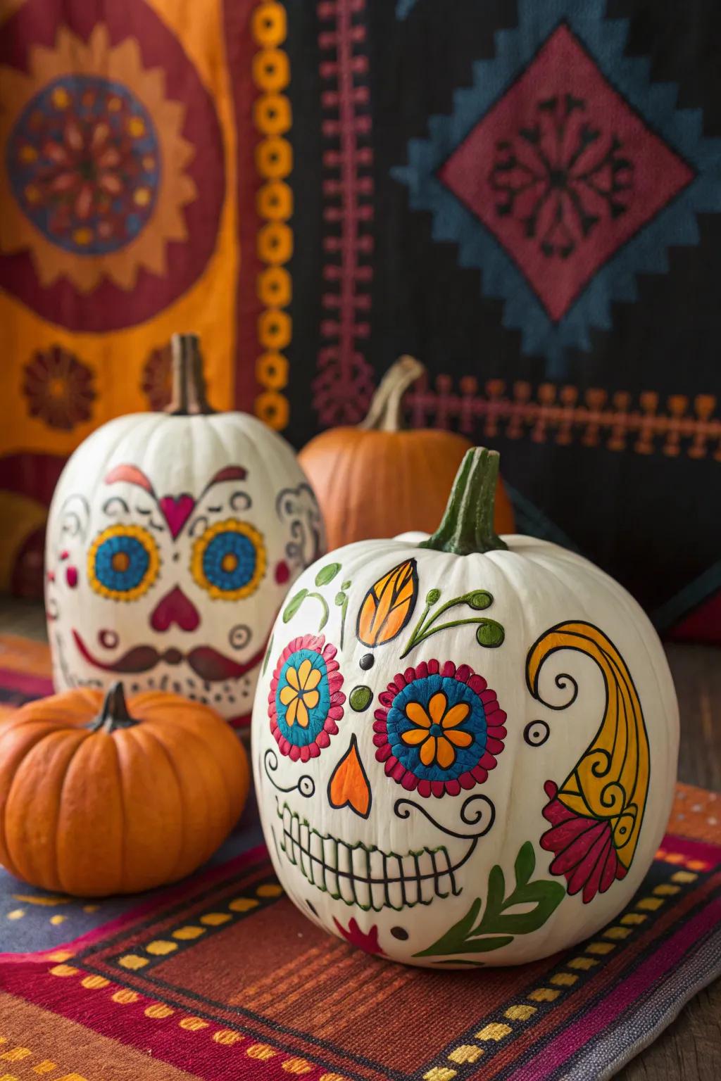 Honor heritage with Day of the Dead sugar skull pumpkin designs.