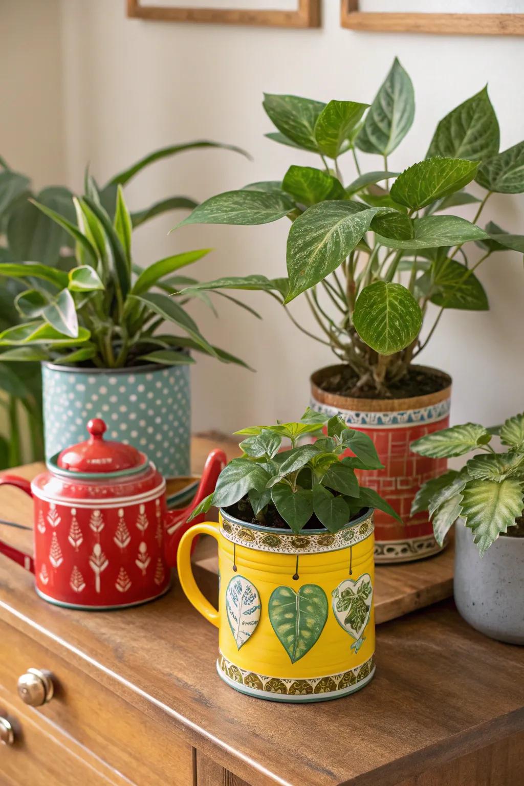 Houseplants nestled in curious vessels like teapots.
