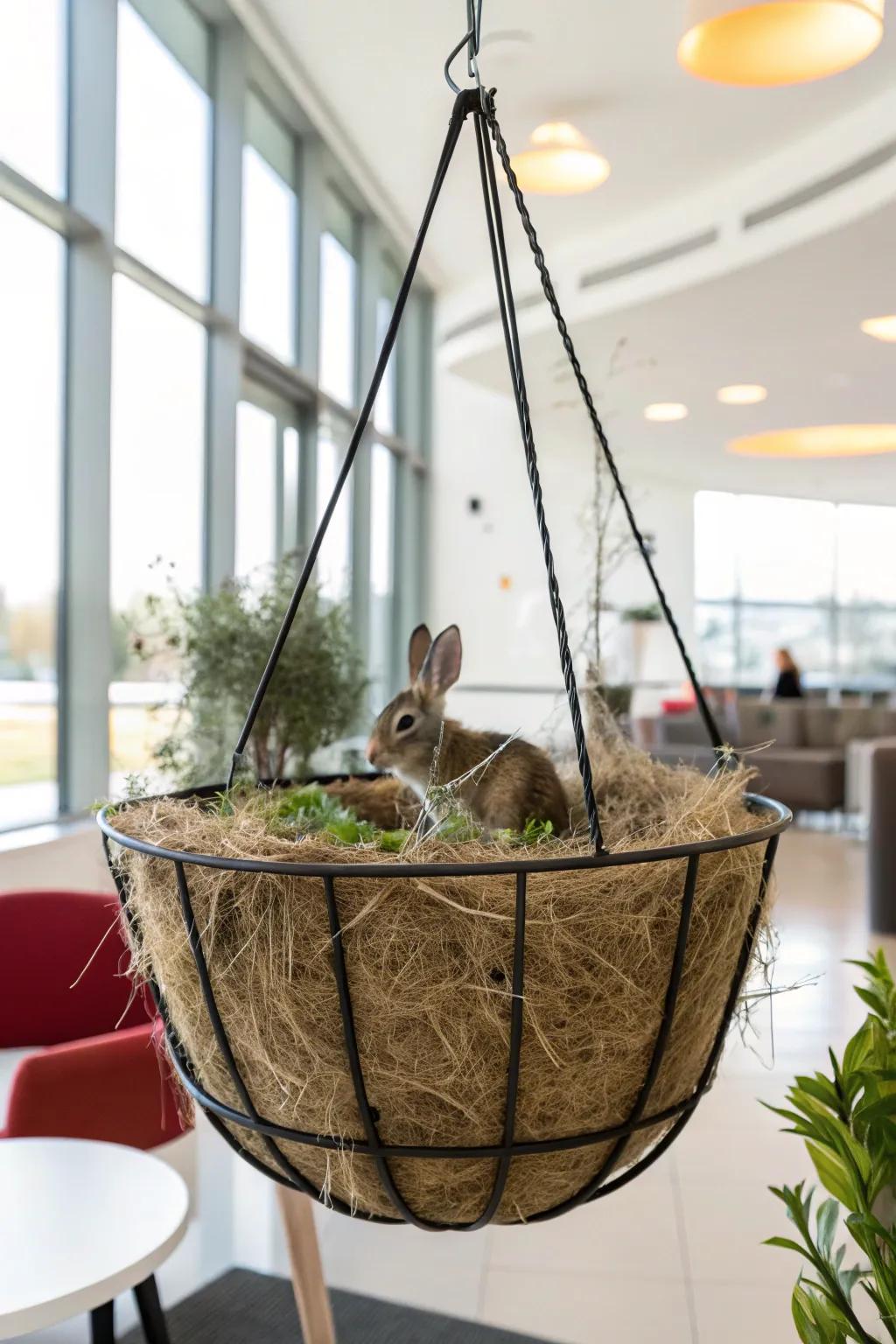 A hanging planter is ingeniously repurposed for creative hay storage.