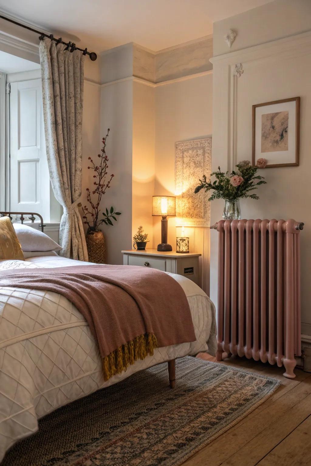 Dusky bloom radiators evoke subtle romance.