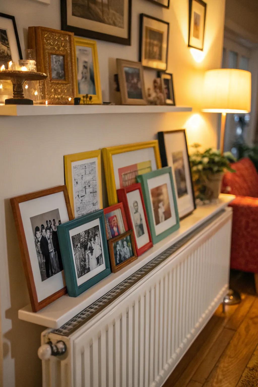 Turn your radiator shelf into an art gallery with personal touches and mementos.
