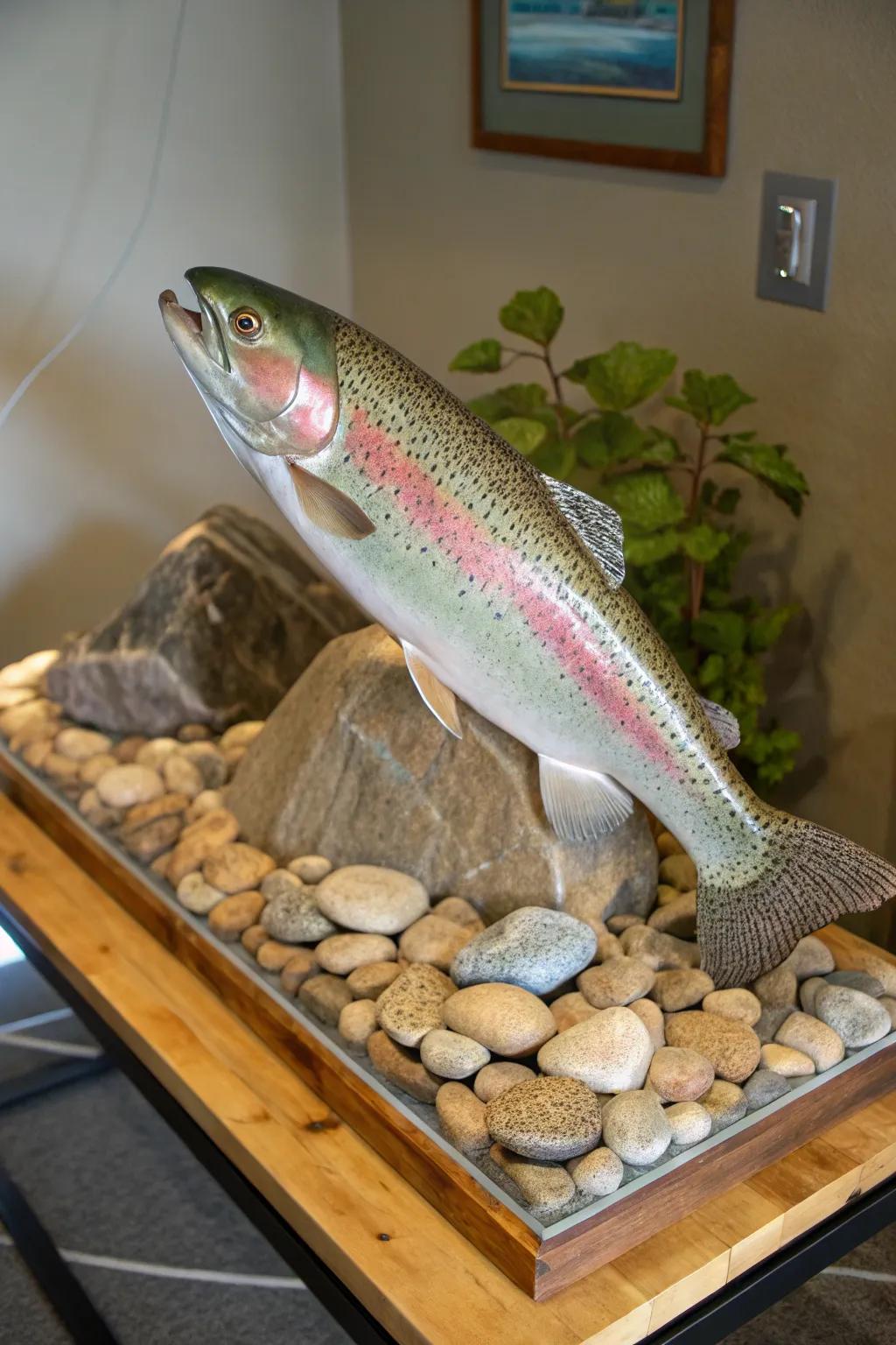 Natural stones enrich the genuineness of the rainbow trout display.