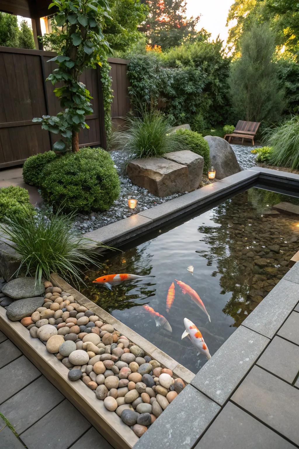 A nature-like habitat for koi presenting pebbles and rocks.