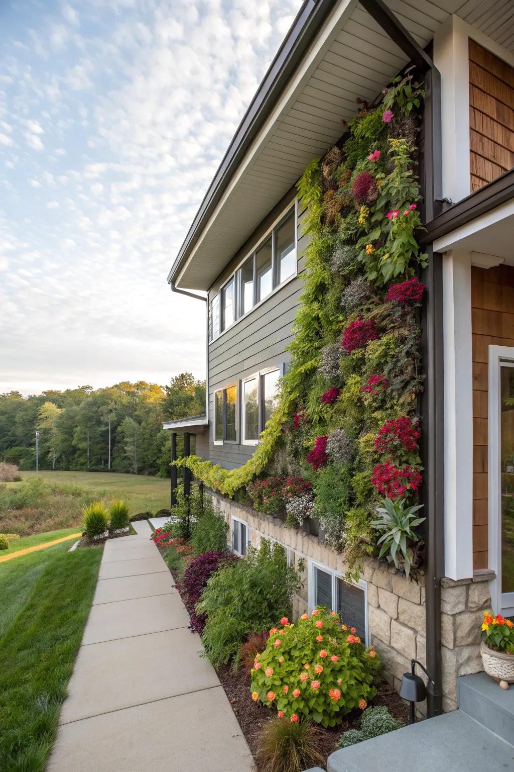 A vibrant vertical garden injecting greenery to the exterior of a raised ranch.