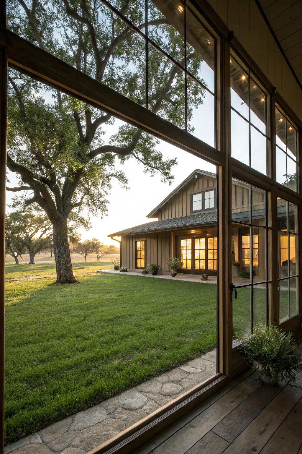 Expansive windows illuminate the interiors of this beautifully remodeled ranch house.