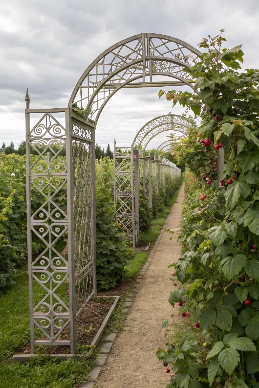 A metallic trellis imparts a modern fringe to a raspberry garden.