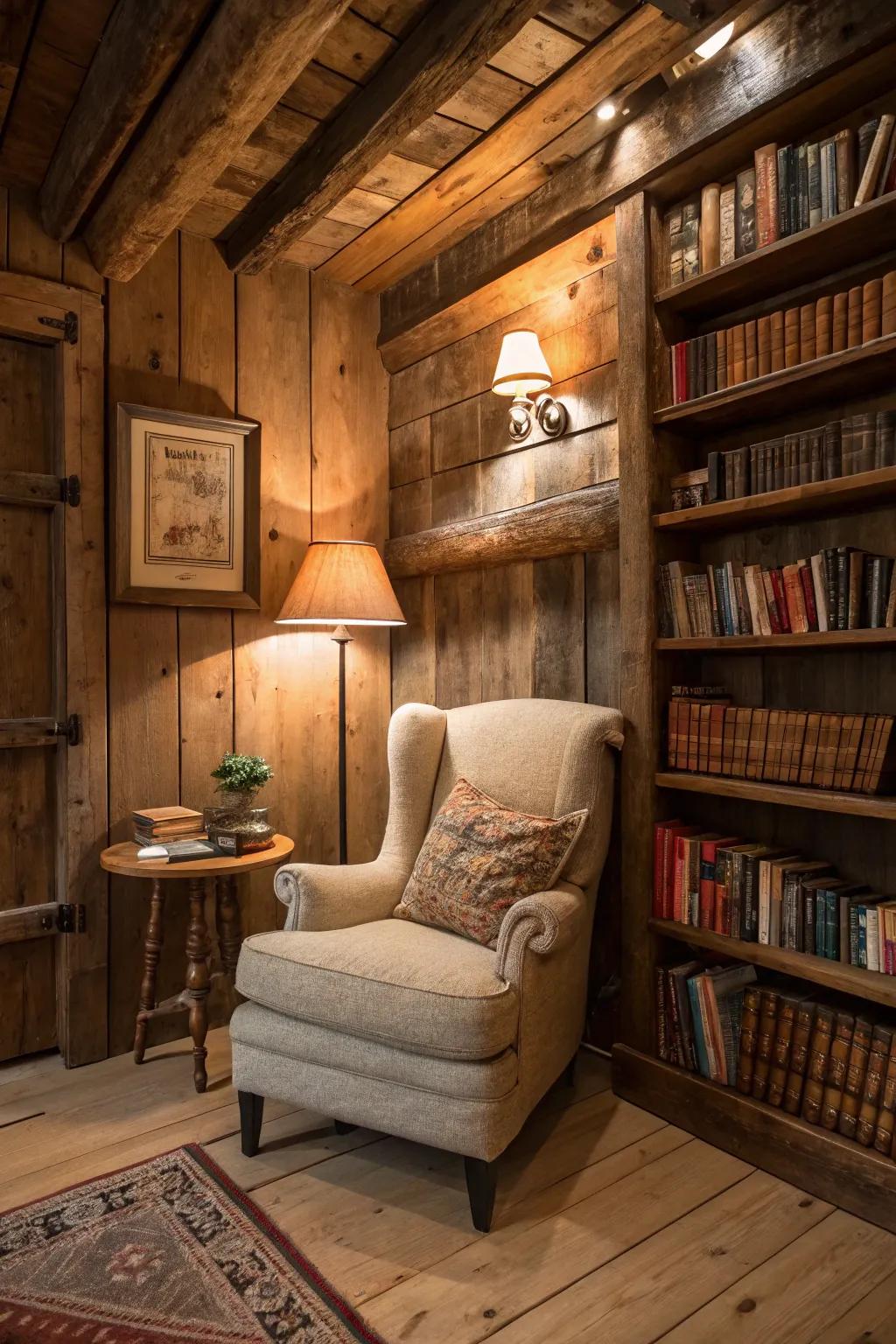 A farmhouse reading nook that welcomes you to unwind and relax.