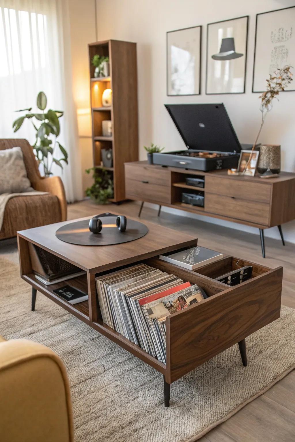 Hidden storage keeps your records safe and your space clutter-free.