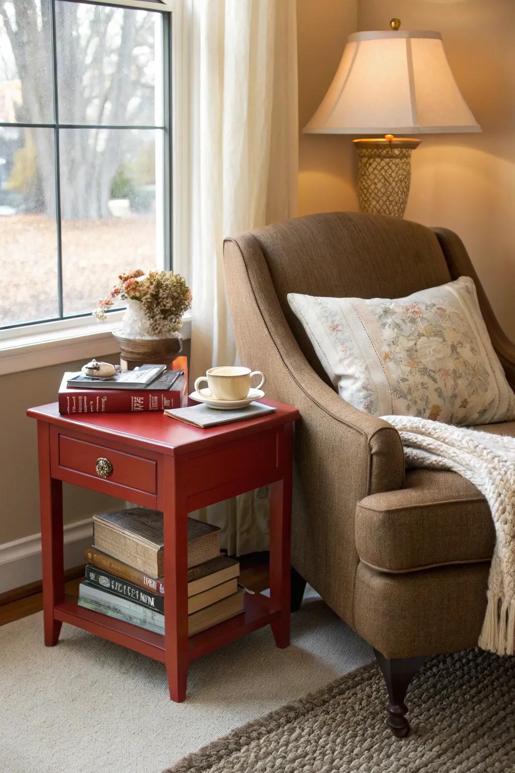 A reading alcove with scarlet and chestnut features encourages relaxation.