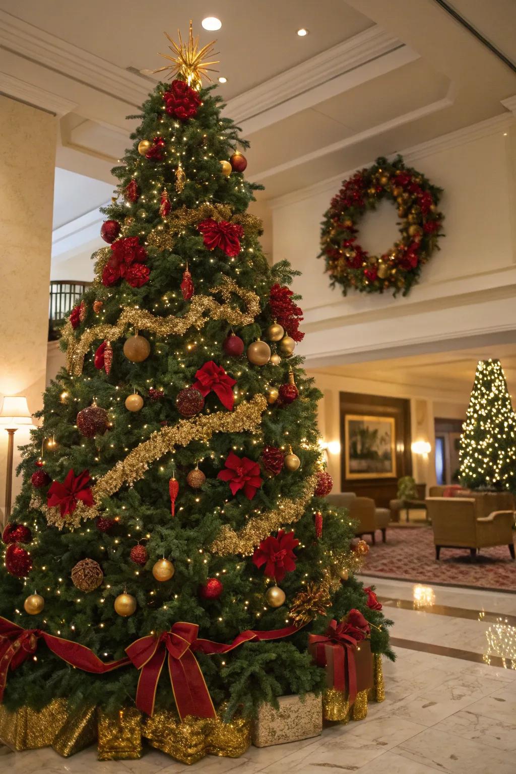 Foliage enhances the natural sensation and complements the crimson and golden theme.